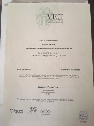 Layla Lewis, L3 Diploma Holistic Therapies qualifications in Carmarthenshire