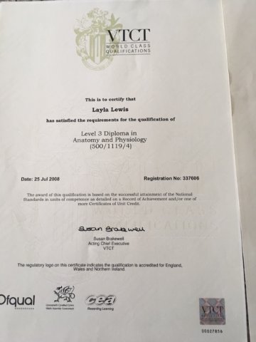Layla Lewis, Anatomy and Physiology qualifications in Carmarthenshire