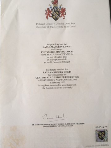 Layla Lewis, Psychology and Counselling qualifications in Carmarthenshire